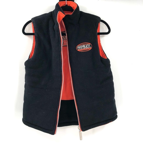 HARLEY DAVIDSON Vest M 10-12 Motorcycle Orange Black Reversible Pockets Kids Boy - Picture 3 of 11